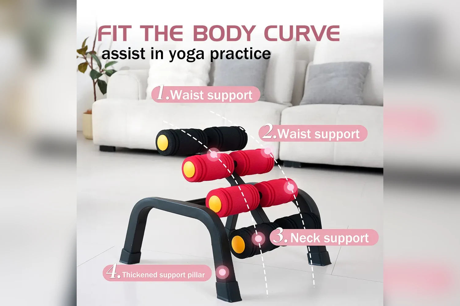 The Magic BB frame in a living room with supplier callouts marking where its roller pairs meet the body along the curve — captioned Fit the body curve