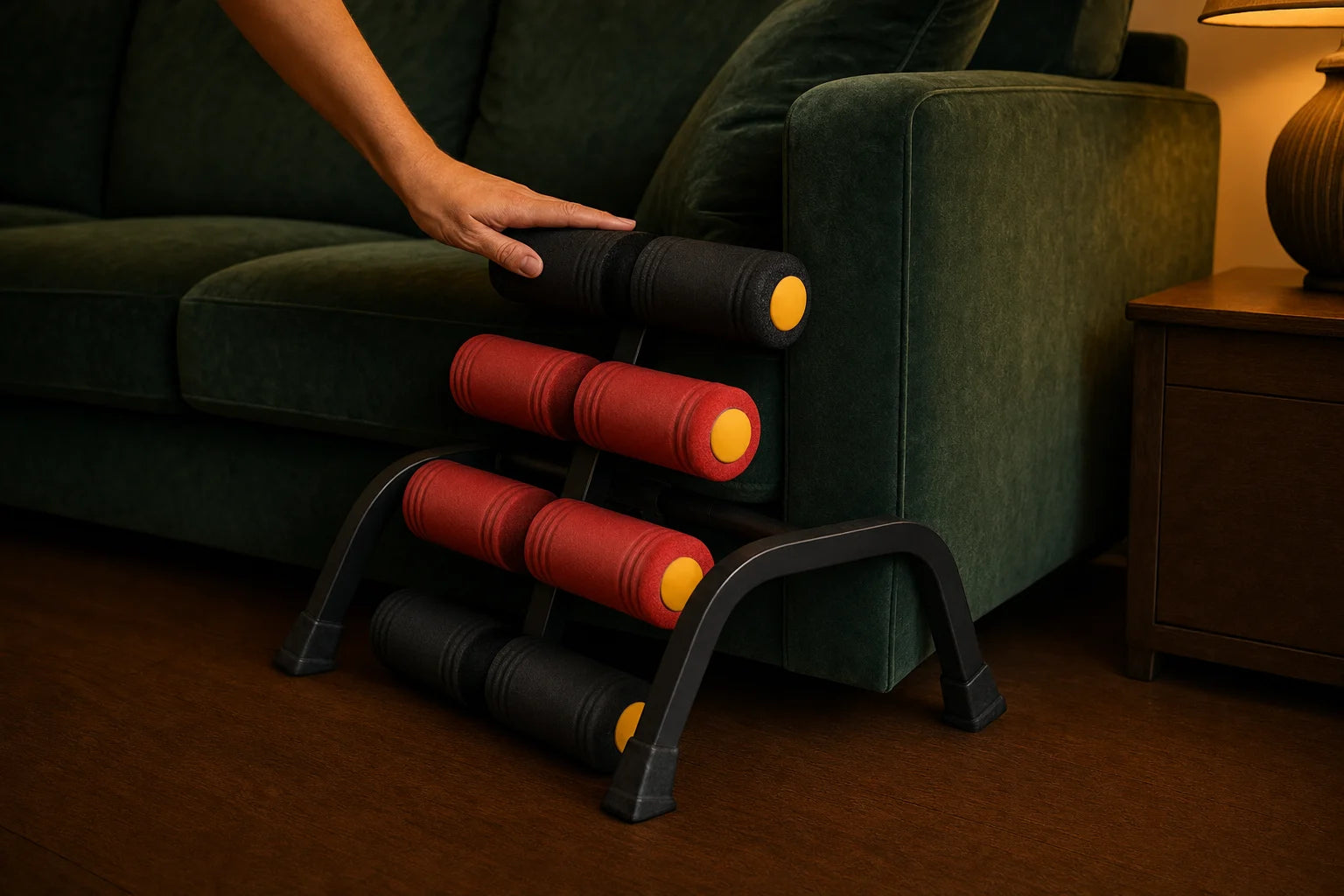 The Magic BB frame pushed against the side of a green sofa in evening lamp light, a hand resting on the top roller