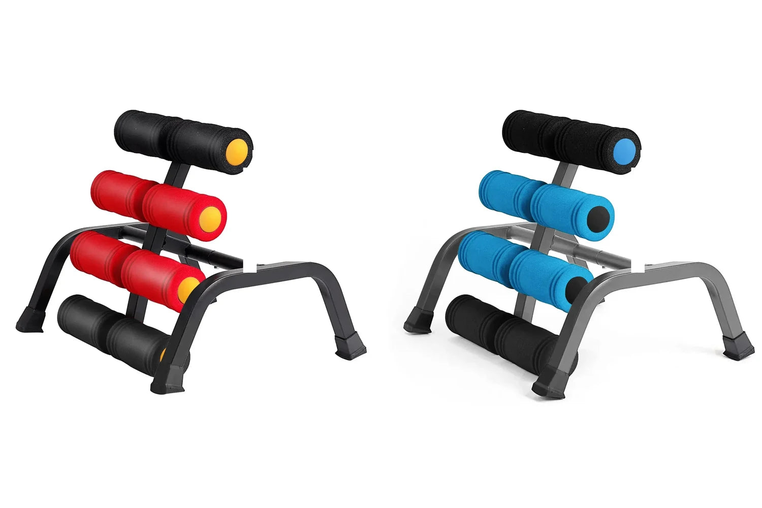 The Magic BB Mini Inversion Table in red-and-black beside the blue-and-grey version — four roller pairs on a steel-tube arch