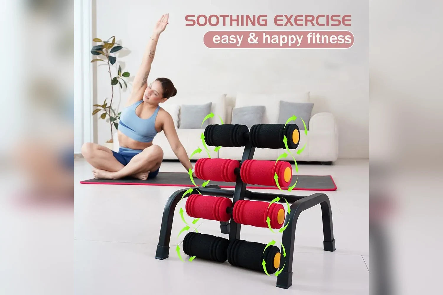The Magic BB frame with arrows showing each foam roller spinning free on its shaft, a person stretching on a mat behind it