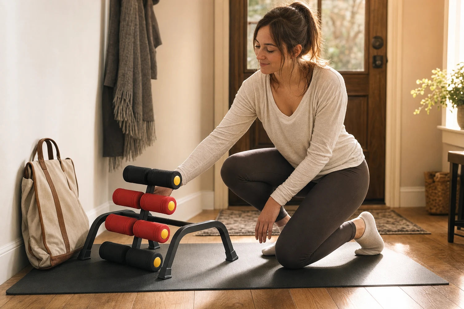 A woman kneels on a mat in her entryway, setting down the complete Magic BB frame for a quick stretch after coming home