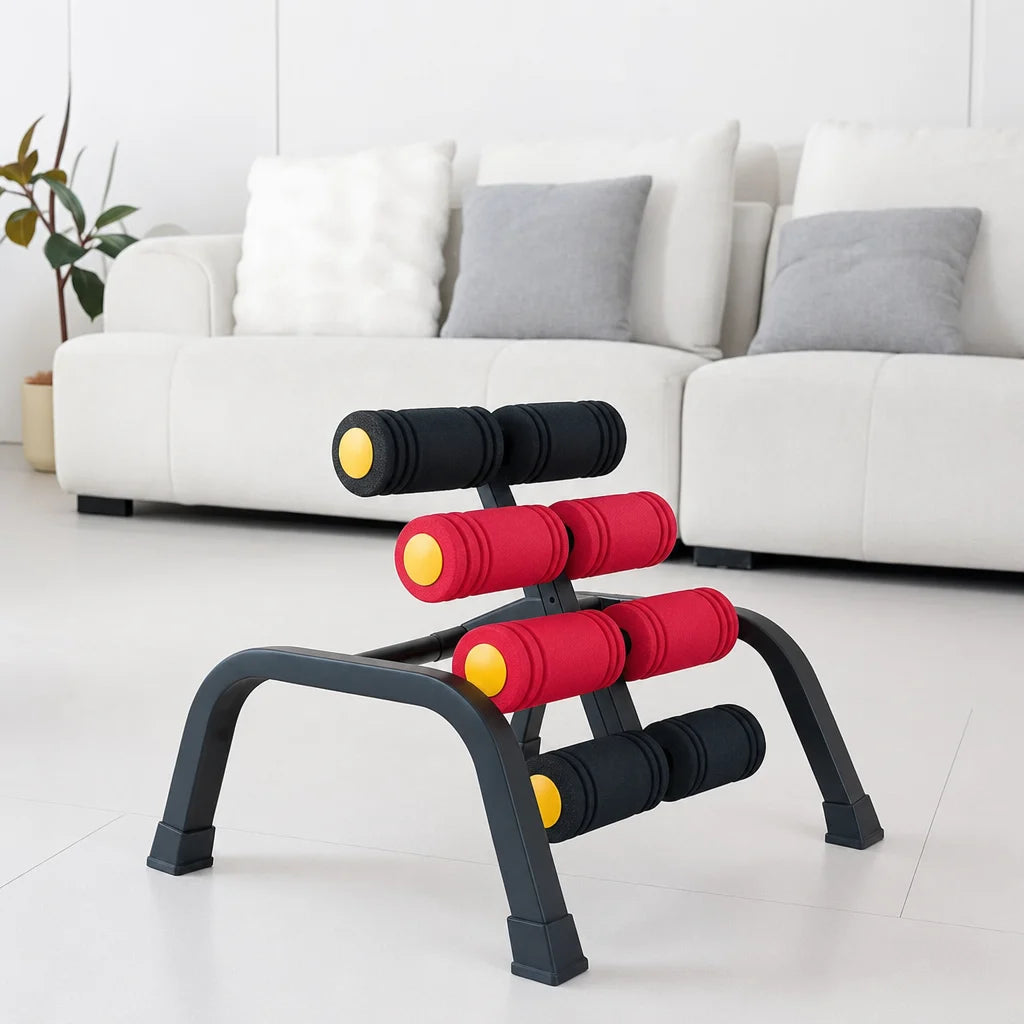 The Magic BB Mini Inversion Table alone on a living-room floor in front of a pale sofa