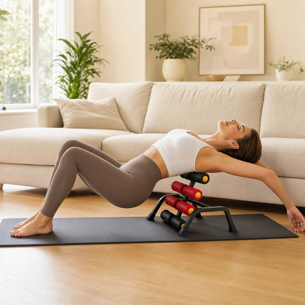 A woman reclines over the small Magic BB frame on a mat beside her sofa, open floor all around her