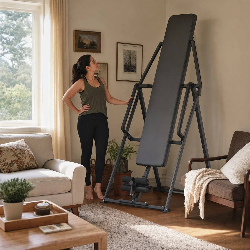 A woman stands beside a tall generic full-size inversion table that fills the corner of a living room